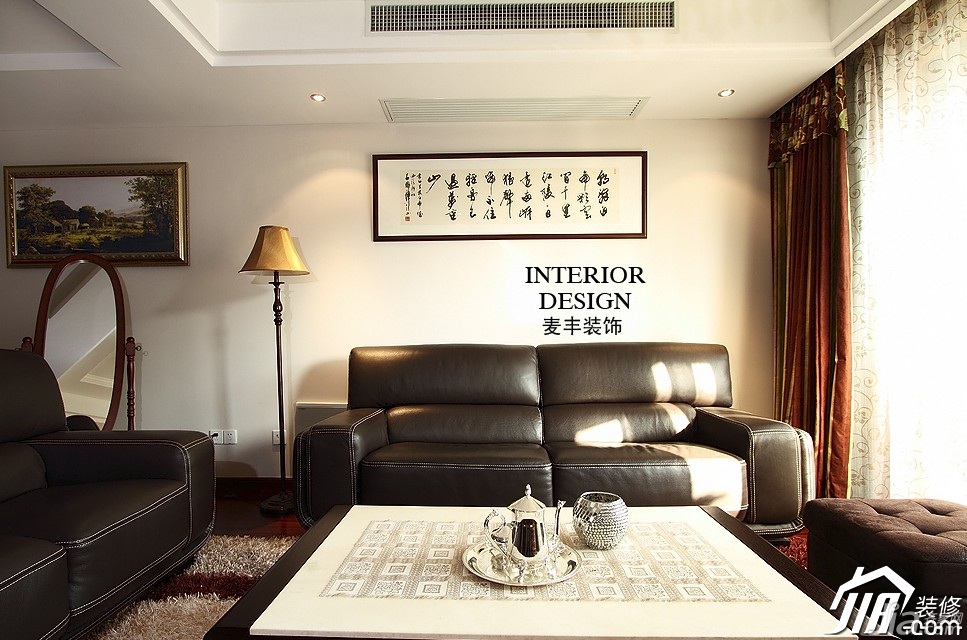 美式风格,公寓装修,富裕型装修,客厅,窗帘,装饰画,沙发,灯具,茶几