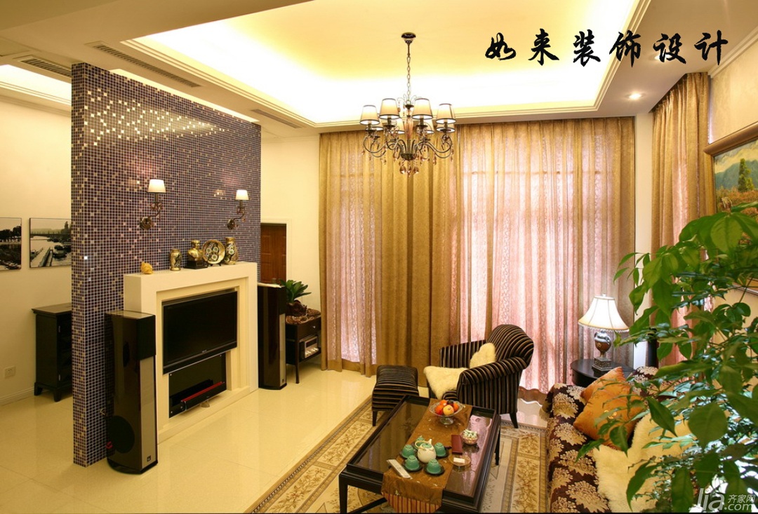 混搭风格,富裕型装修,复式装修,如来装饰,客厅,茶几,窗帘,电视背景墙