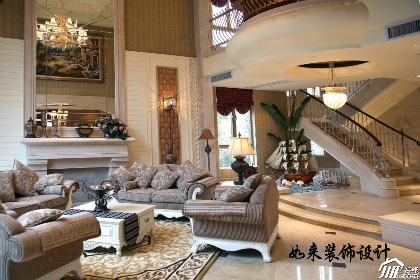 别墅装修,富裕型装修,美式风格,新古典风格,客厅,沙发,装饰画,灯具