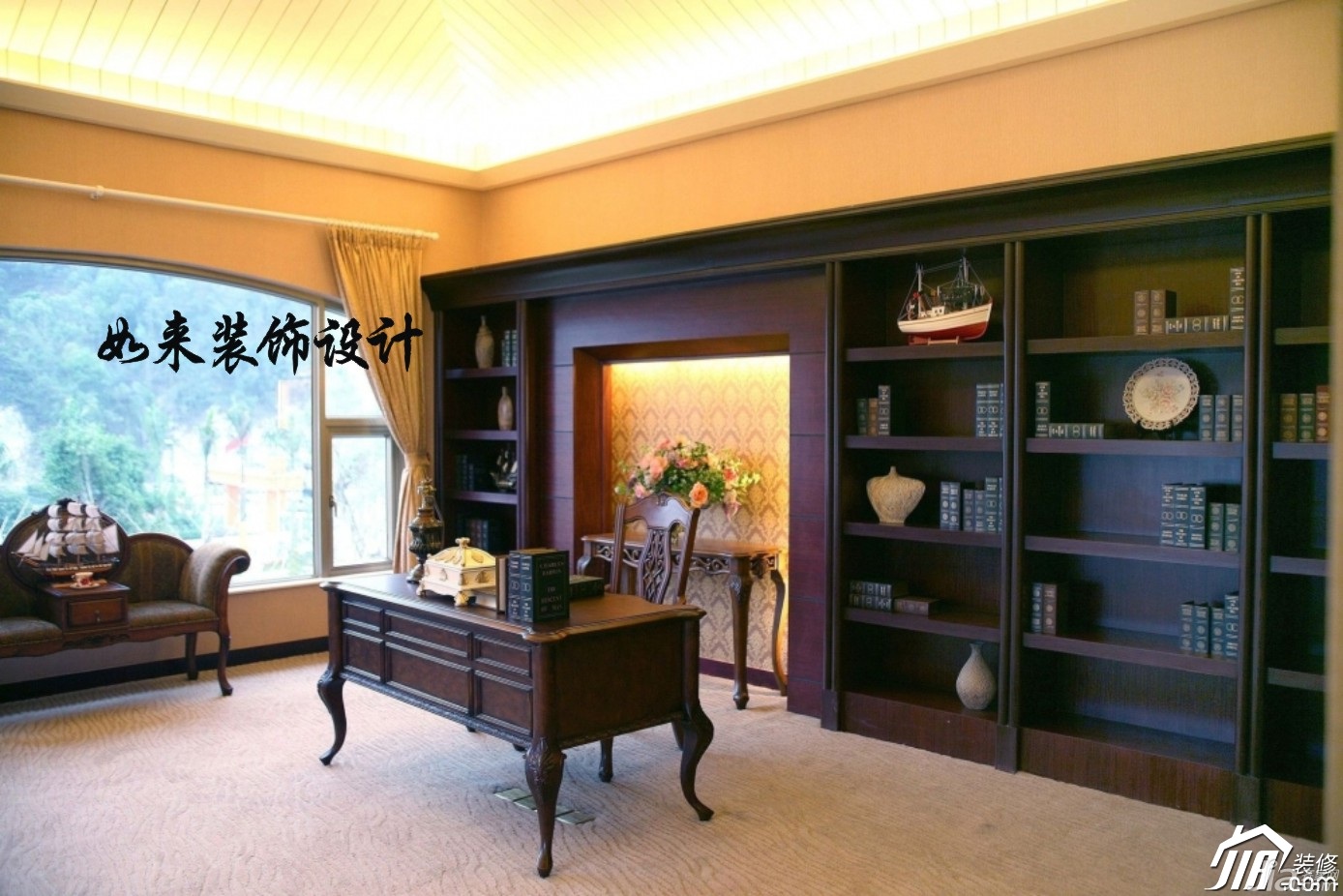 别墅装修,富裕型装修,美式风格,新古典风格,书房,书桌,书架,原木色,古典
