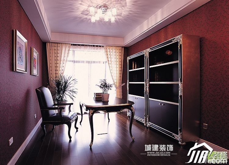 跃层装修,20万以上装修,欧式风格,书房,书架,书桌,背景墙,灯具,城建装饰