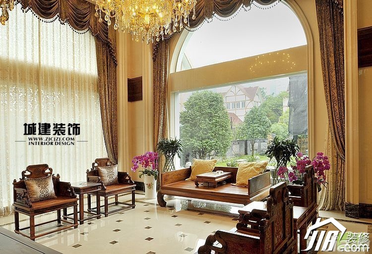 别墅装修,20万以上装修,新古典风格,客厅,奢华,沙发,灯具,城建装饰