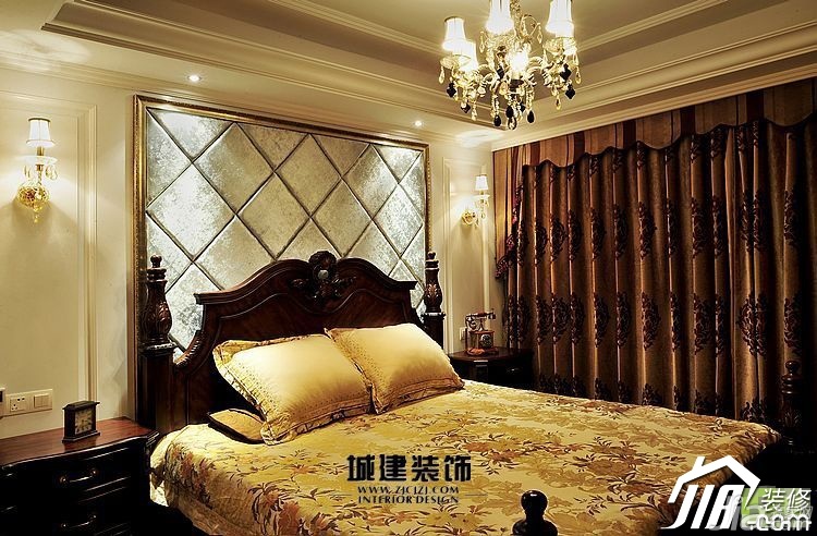 公寓装修,欧式风格,豪华型装修,卧室,奢华,床头软包,灯具,床,床头柜,城建装饰