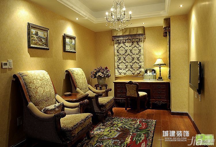 别墅装修,豪华型装修,欧式风格,新古典风格,书房,装饰画,沙发,书桌