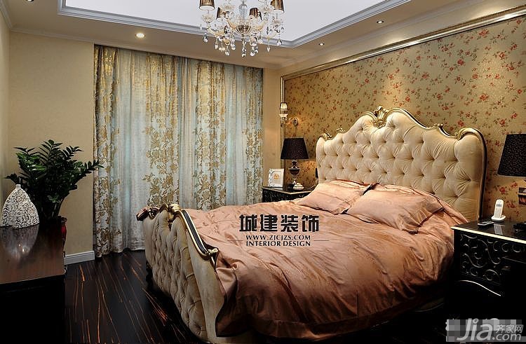 四房装修,豪华型装修,欧式风格,卧室,壁纸,床头软包,窗帘,床头柜,床