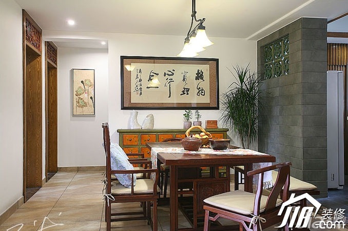 三米设计,130平米装修,富裕型装修,中式风格,公寓装修,装饰画,隔断,餐厅,餐桌