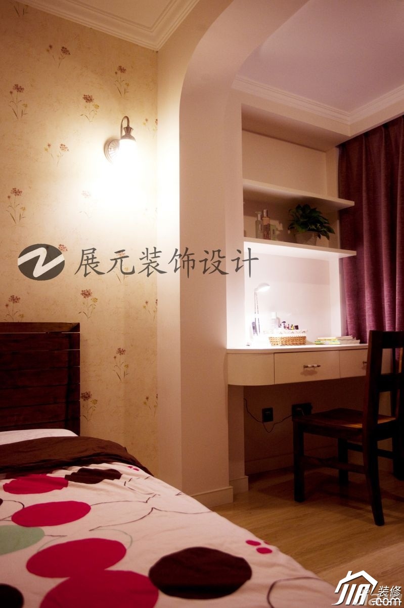 美式乡村风格,小户型装修,暖色调装修,富裕型装修,温馨,卧室,书桌,展元装饰设计