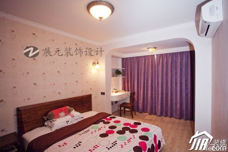 美式乡村风格,小户型装修,暖色调装修,富裕型装修,温馨,卧室,床,展元装饰设计