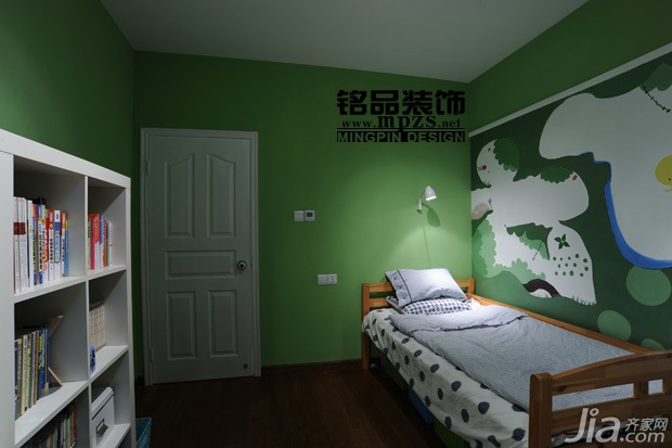 三居室装修,经济型装修,简约风格,绿色,背景墙,床,书架