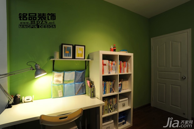 三居室装修,经济型装修,简约风格,书架,书桌,书房,灯具,绿色
