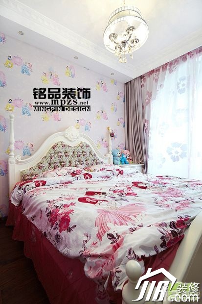 三居室装修,5-10万装修,新古典风格,卧室,床,窗帘,壁纸,可爱