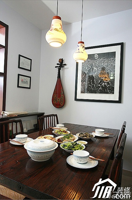 三米设计,公寓装修,中式风格,经济型装修,120平米装修,餐厅,餐桌,装饰画