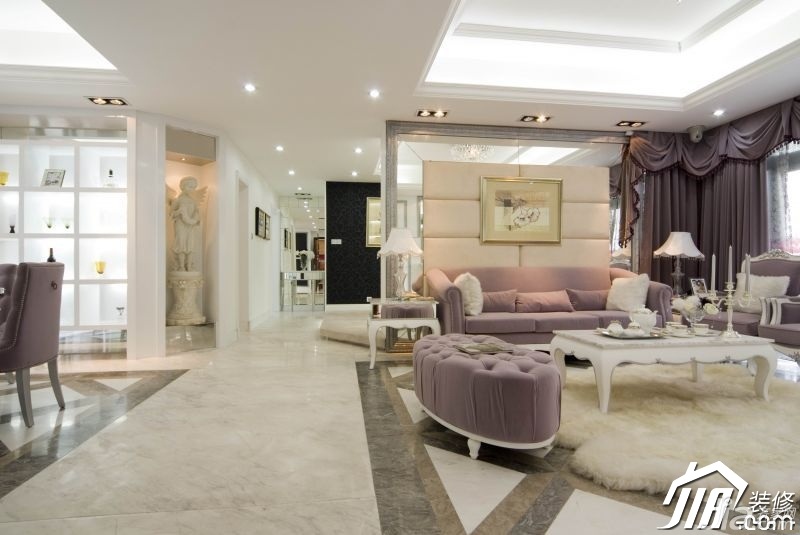 浪漫,白色装修,豪华型装修,140平米以上装修,别墅装修,欧式风格,客厅,紫色,浪漫,沙发背景墙,沙发,茶几