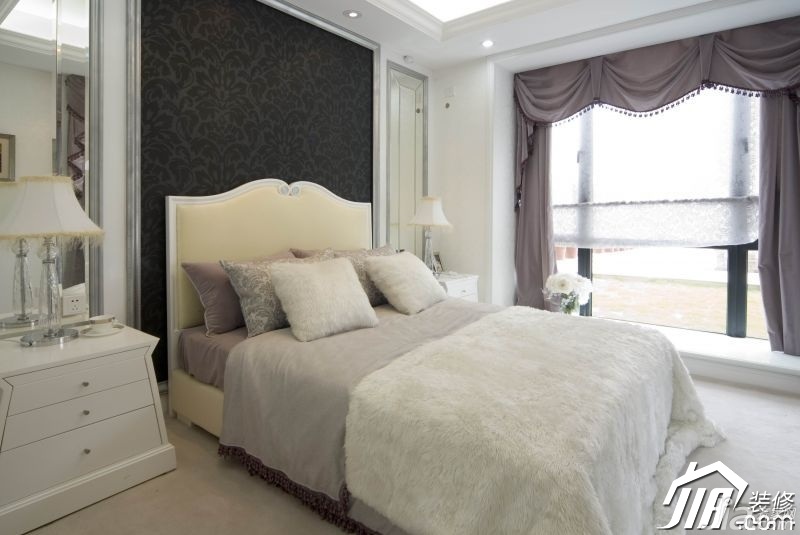 浪漫,白色装修,豪华型装修,140平米以上装修,别墅装修,欧式风格,卧室,紫色,浪漫,卧室背景墙,床,床头柜
