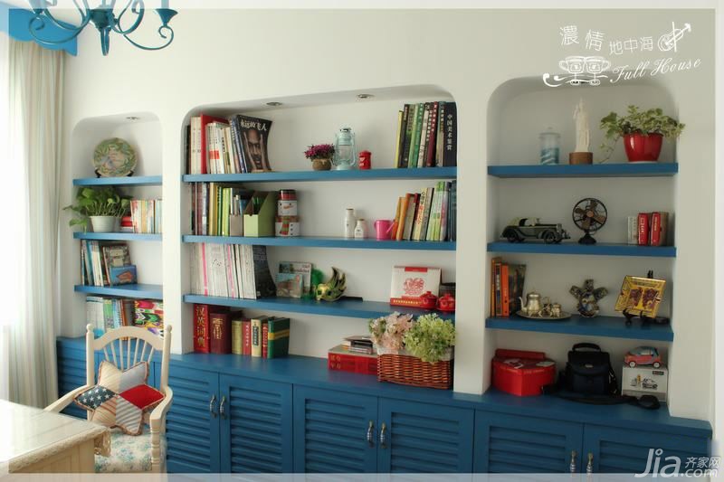 婚房装修,三居室装修,110平米装修,15-20万装修,混搭风格,书房,书架,蓝色,白色
