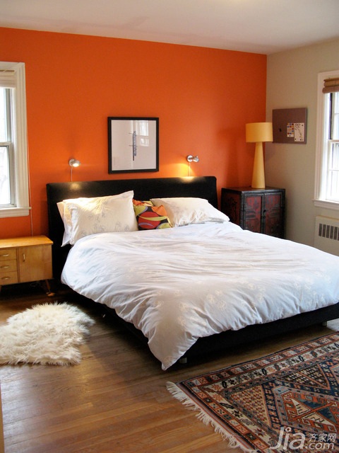 复式装修,富裕型装修,简约风格,海外家居,卧室,橙色,简洁,床,床头柜,灯具,卧室背景墙