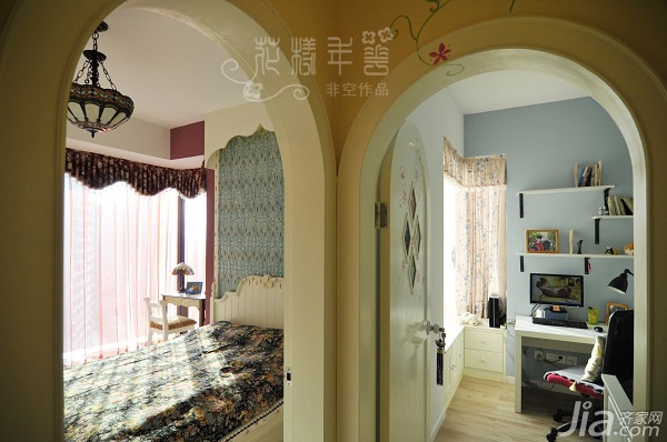 二居室装修,90平米装修,经济型装修,田园风格,非空,卧室,床,灯具,书桌