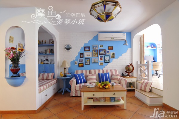 非空,三居室装修,120平米装修,富裕型装修,地中海风格,客厅,沙发,茶几,灯具,照片墙