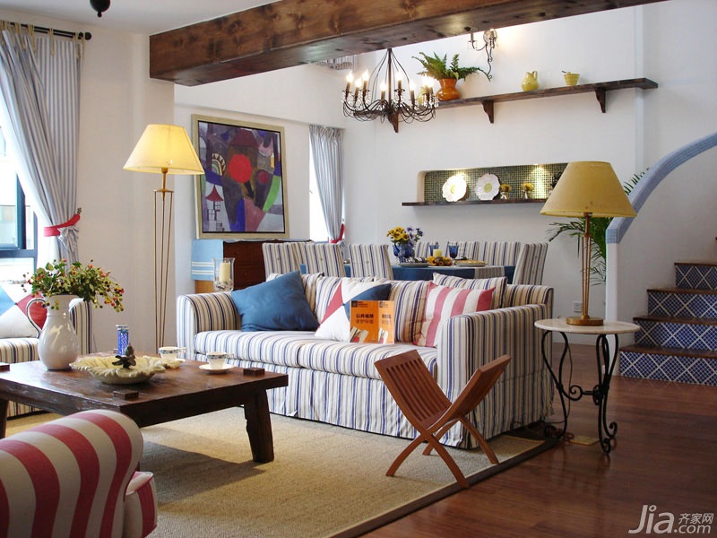 地中海风格,蓝色装修,浪漫,古典,客厅,条纹,沙发背景墙,灯具
