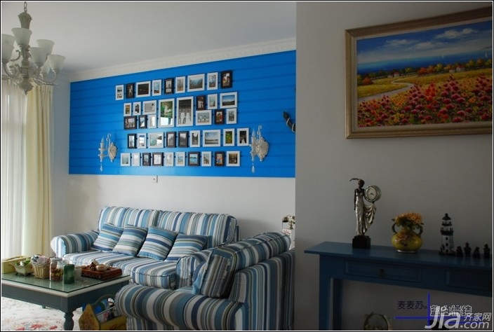 地中海风格,客厅,照片墙,条纹,浪漫,茶几
