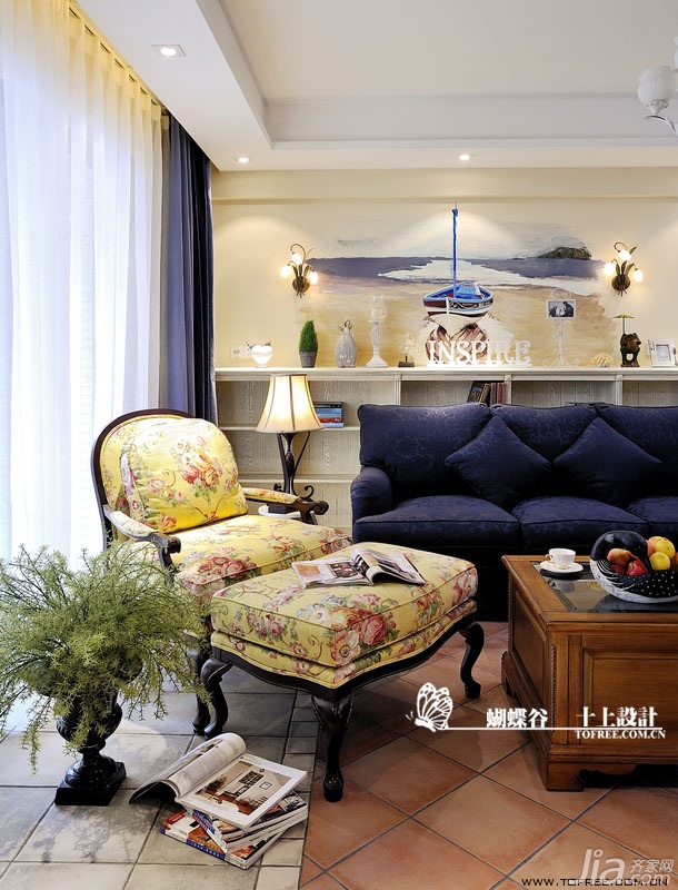 公寓装修,100平米装修,经济型装修,田园风格,十上,客厅,沙发,茶几,沙发背景墙
