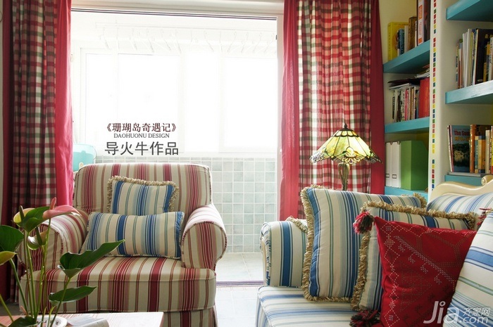 导火牛,公寓装修,80平米装修,15-20万装修,混搭风格,客厅,沙发,茶几,窗帘,书架