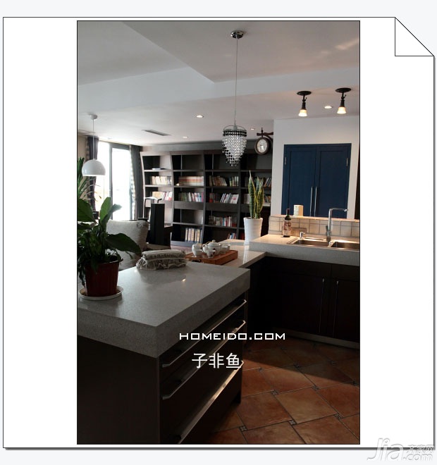 子非鱼,公寓装修,90平米装修,经济型装修,简约风格,厨房,橱柜,书架,灯具,沉稳