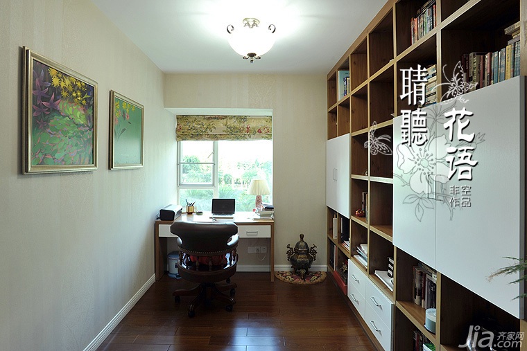 三居室装修,富裕型装修,欧式风格,书房,书桌,书架,灯具,装饰画