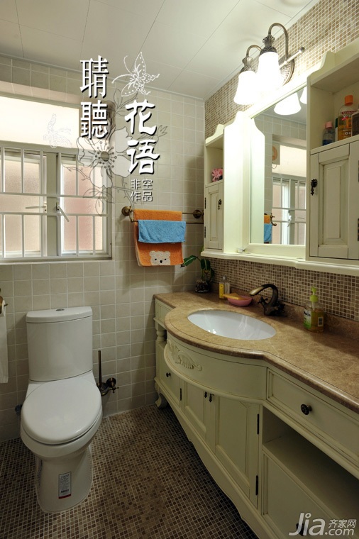 三居室装修,富裕型装修,欧式风格,卫生间,洗手台,灯具,卫浴挂件