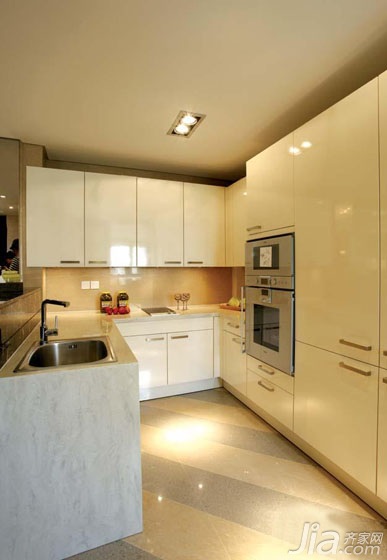 四房装修,富裕型装修,简欧风格,厨房,白色,灰色,简洁,实用,橱柜,洗手台,灯具