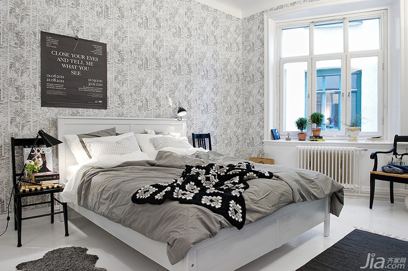 北欧风格,公寓装修,一居室装修,简约风格,卧室,卧室背景墙,灰色,装饰画,床