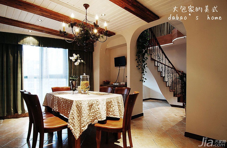 复式装修,140平米以上装修,美式乡村风格,餐厅,灯具,餐桌