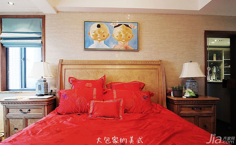 复式装修,140平米以上装修,美式乡村风格,床,装饰画,床头柜
