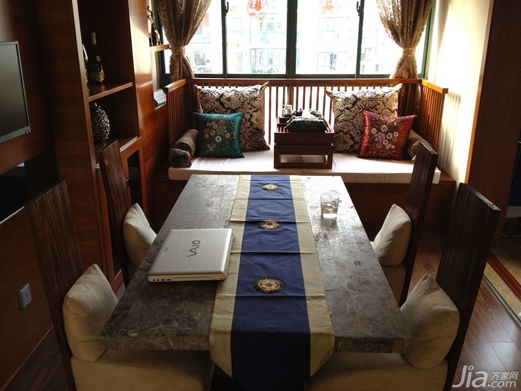 二居室装修,100平米装修,中式风格,餐厅,餐桌,窗帘,罗汉榻,大气,稳重,唯美