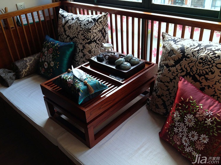 二居室装修,100平米装修,中式风格,罗汉榻,茶具,靠垫,唯美