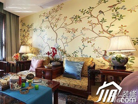 中式风格,二居室装修,3万-5万装修,客厅,沙发,茶几,背景墙,灯具