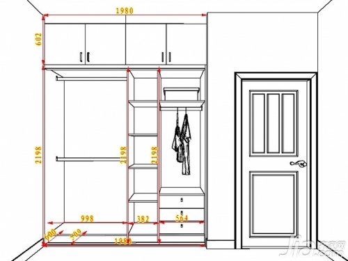 门洞的计算方法:w=柜体宽度-2*外侧板厚度;h=柜体高度-上下垫板厚度.