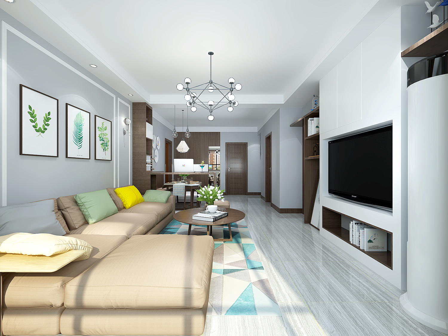 三居室装修,120平米装修,15-20万装修,北欧风格,沙发,电视背景墙,白色,灰色