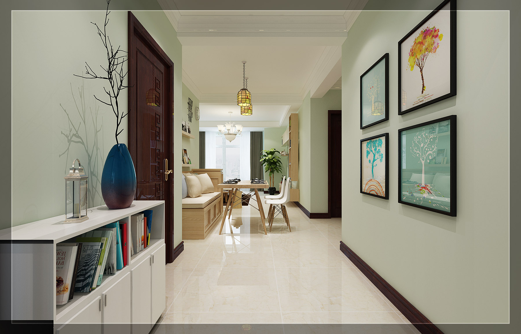 二居室装修,90平米装修,5-10万装修,混搭风格,装饰画,绿色