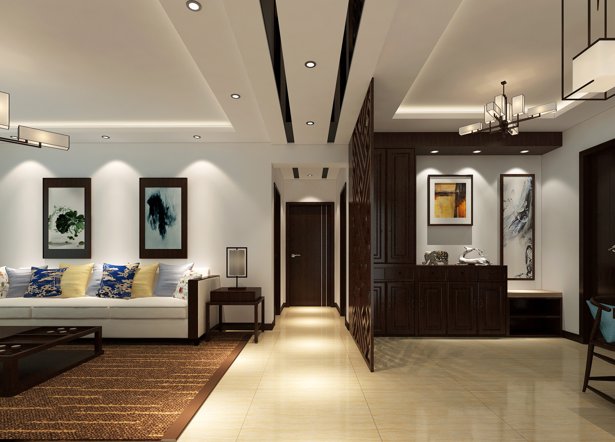 15-20万装修,三居室装修,120平米装修,中式风格,沙发背景墙,客厅
