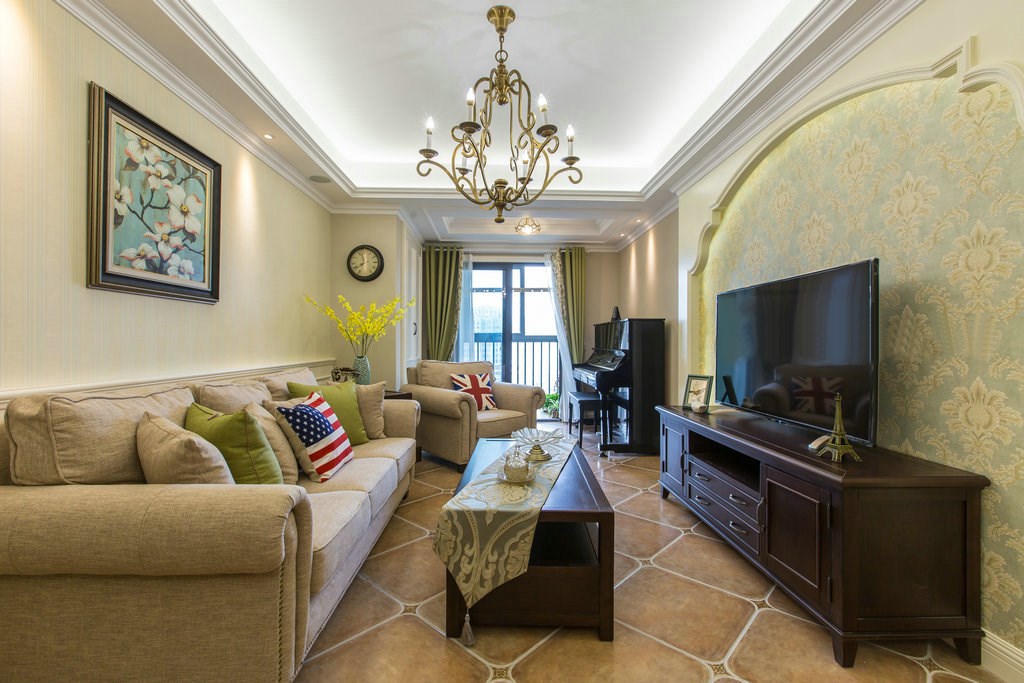三居室装修,90平米装修,5-10万装修,客厅,美式风格,沙发背景墙,电视背景墙,黄色