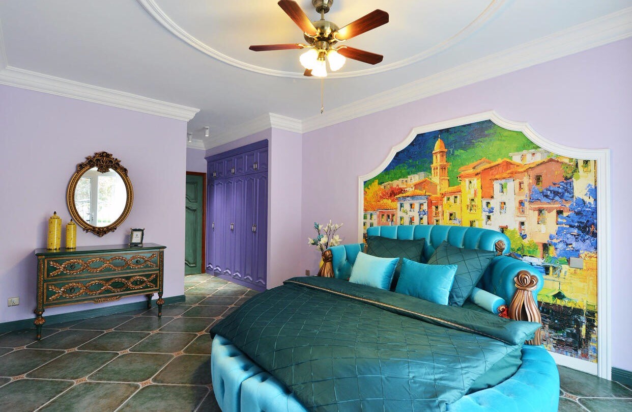 别墅装修,20万以上装修,140平米以上装修,卧室,美式风格,混搭风格,卧室背景墙,紫色