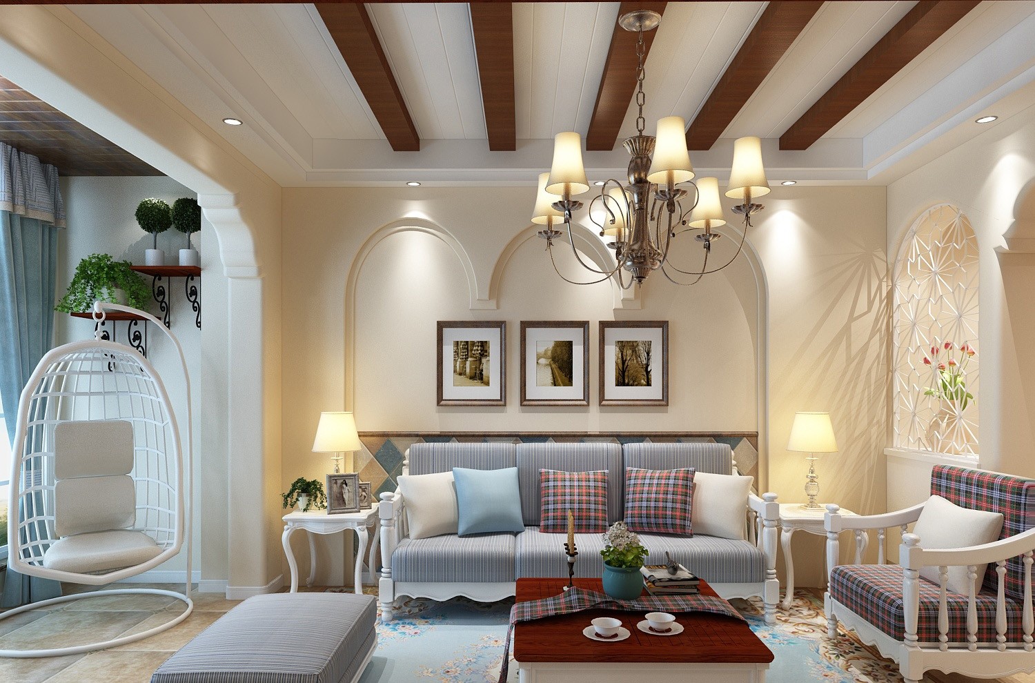 三居室装修,100平米装修,10-15万装修,地中海风格,客厅,暖色调