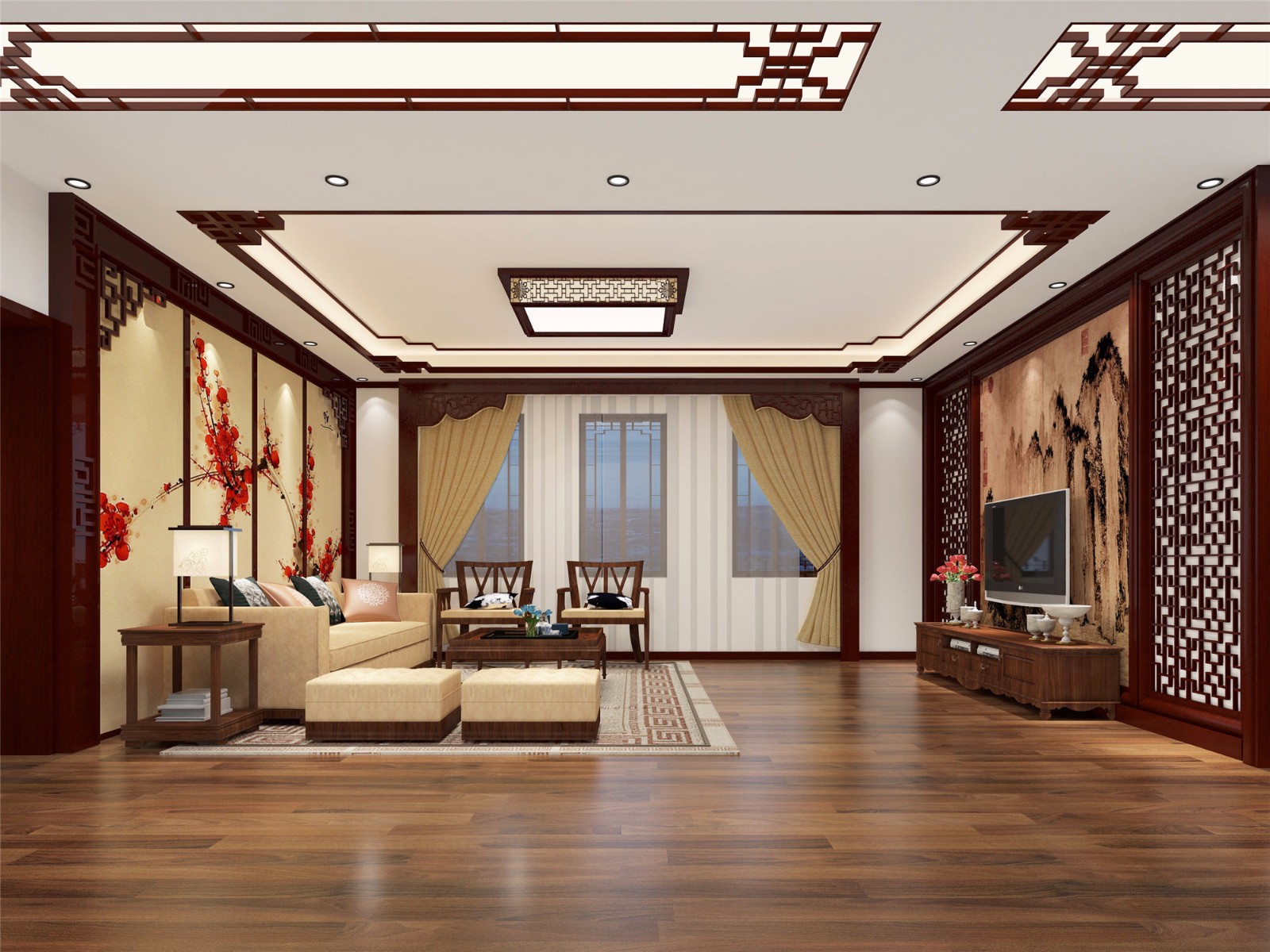 三居室装修,130平米装修,15-20万装修,客厅,中式风格,吊顶,地板