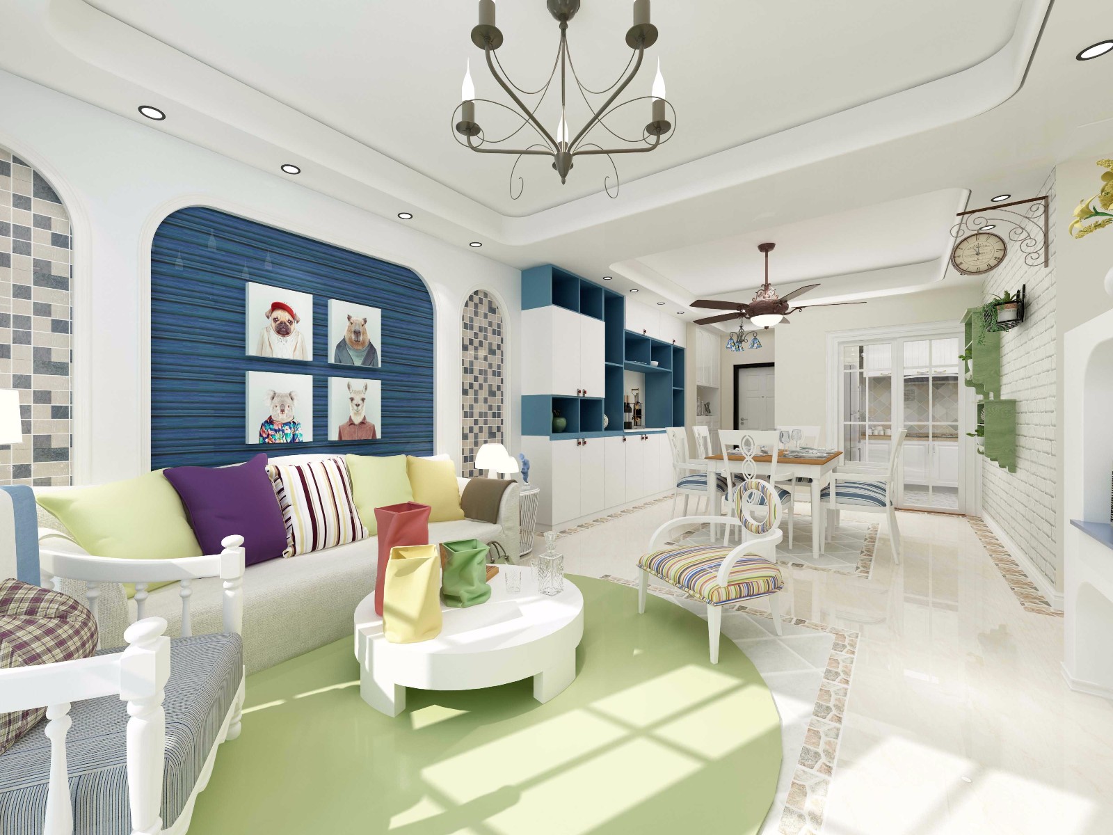 110平米装修,三居室装修,10-15万装修,客厅,地中海风格,电视背景墙,白色,绿色,蓝色
