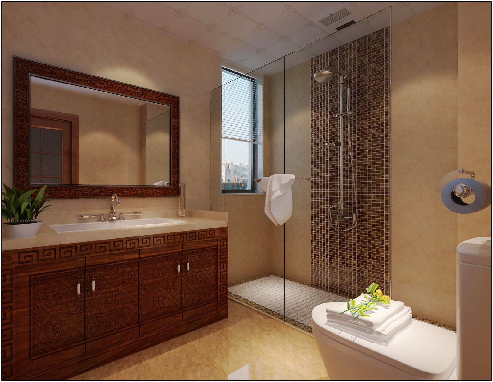 三居室装修,120平米装修,20万以上装修,卫生间,中式风格,浴室柜,暖色调