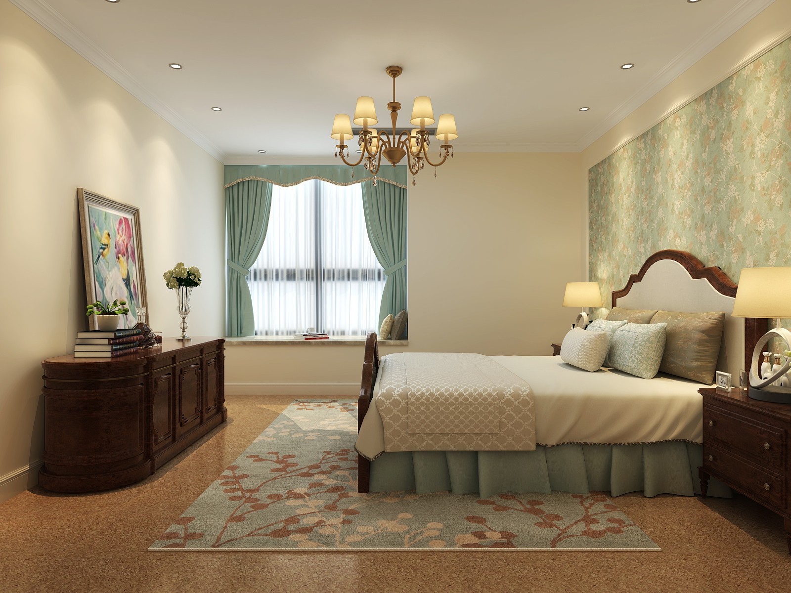 三居室装修,80平米装修,10-15万装修,卧室,美式风格,暖色调