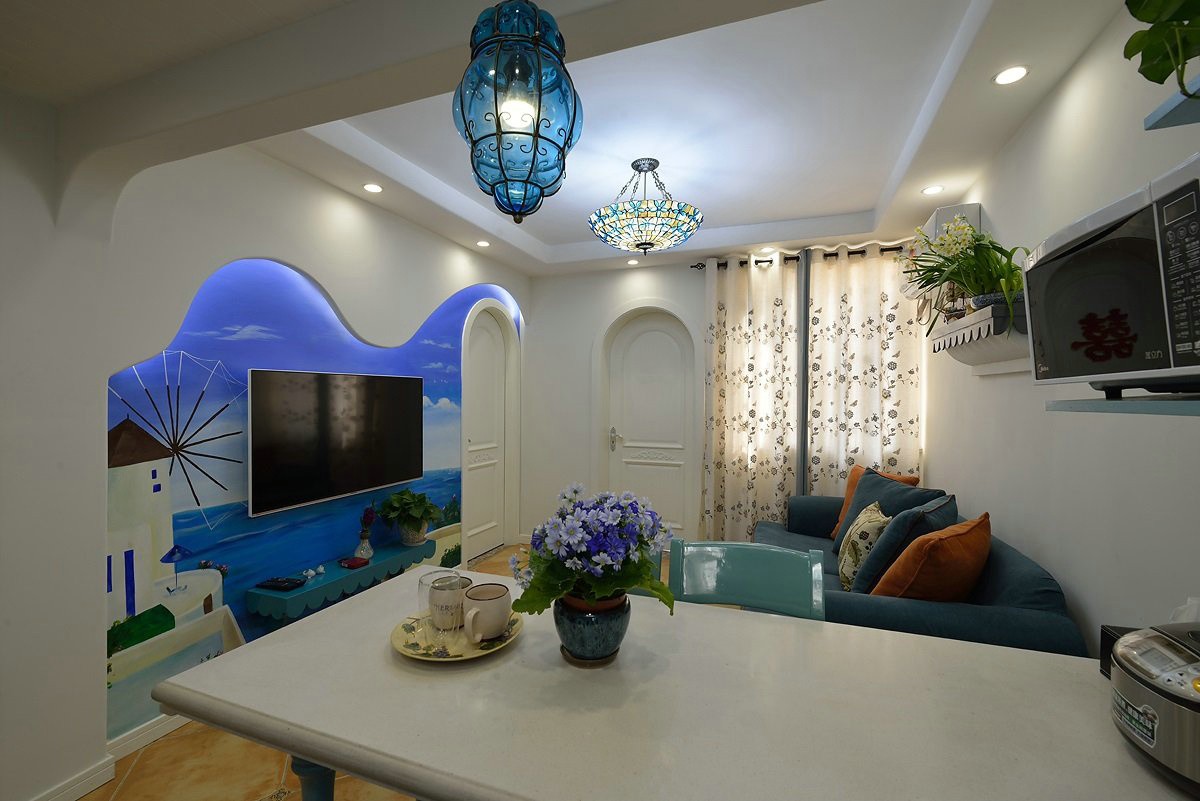 90平米装修,二居室装修,5-10万装修,客厅,地中海风格,电视背景墙,蓝色