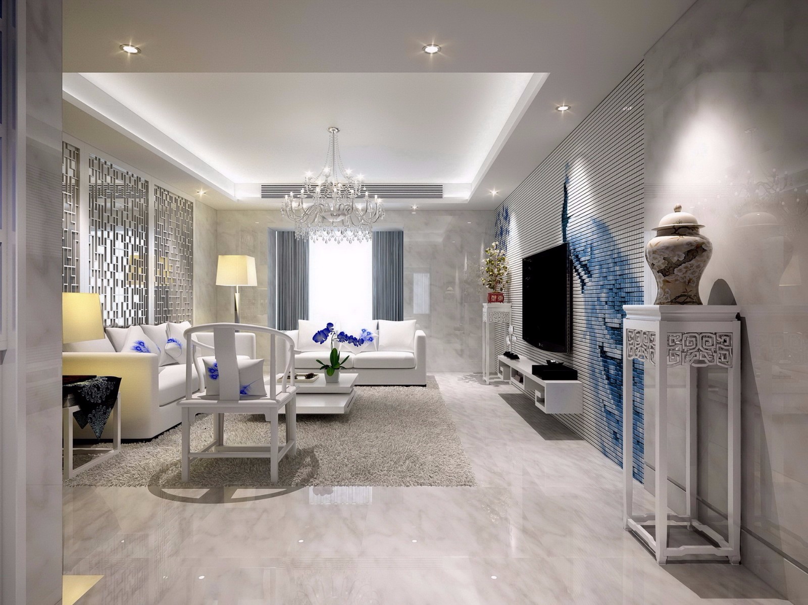 三居室装修,110平米装修,15-20万装修,客厅,中式风格,灰色,白色