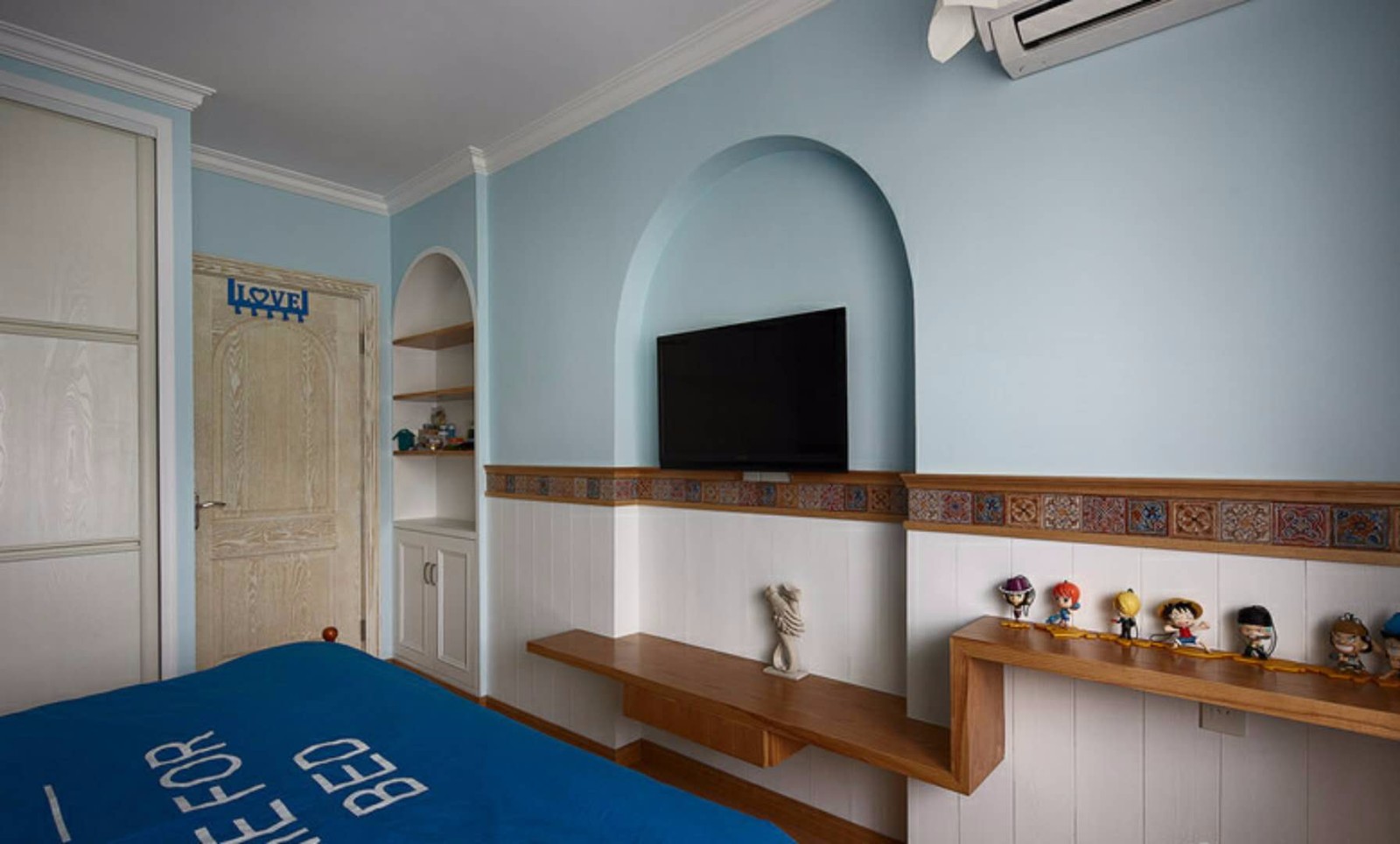二居室装修,90平米装修,10-15万装修,卧室,地中海风格,蓝色